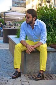 Pin By Alvaro Cueva On Men S Wear Mens Yellow Pants Yellow Pants Outfit Light Blue Dress Shirt
