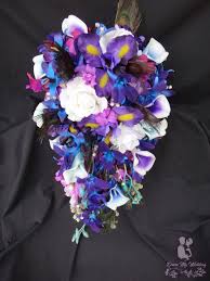 Enchanting designer bridal bouquet of blue orchids and green spider mums will make your day memorable. Dress My Wedding Cascading Bouquet Purple Blue Calla Rose Iris Orchid Galaxy Orchid