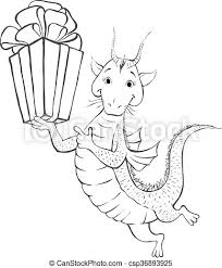 Practice your coloring skills today with this very cute and friendly dragon. Dragon With Gift Coloring Page Cartoon Children Dragon With Gift Contour Of Cute Dragon Children Coloring Hand Drawn Canstock