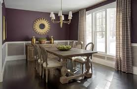 Modern living room in purple tones and wooden wall details, sofa, dining table with chairs, kitchen with island, appliances and. Purple And Grey Dining Rooms Transitional Dining Room