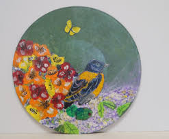 Bird In Hand Marketplace Yellow Bird In Flowers Bird Art Modern Art Paintings Round Wall Art