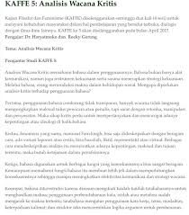 Maybe you would like to learn more about one of these? Indonesia Feminis Pada Bulan April Jurnal Perempuan Akan Menyelenggarakan Kuliah Kaffe Kajian Filsafat Dan Feminisme Yang Ke 5 Dengan Tema Analisis Wacana Kritis Kuliah Ini Akan Membahas 4 Hal 1 Metode Analisis Wacana