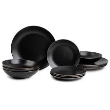 Thyme Table Dinnerware Black Onyx Stoneware 12 Piece Set Walmart Com Black Dinnerware Black Dinnerware Set Dinnerware Set Unique