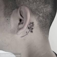 Single Needle Rose Tattoo Behind The Left Ear Rose Tattoo Behind Ear Rose Neck Tattoo Small Neck Tattoos