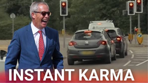 This is the moment a heckler crashed her car moments after shouting verbal  abuse at Nigel Farage. The accident was caught on video in Clacton, with  the Reform UK leader saying afterw |