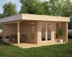 Modern Garden Office Hansa Lounge With Veranda 12m 44mm 5 X 5 M Summer House 24 Summer House Garden Summer Houses Uk Garden Log Cabins