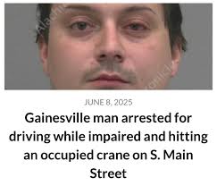 Jeremiah Alan Boles, 26, was arrested early yesterday morning and charged  with DUI with property damage after allegedly driving while impaired and  hitting an occupied crane