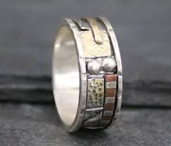Unique Wedding Band Mixed Metal Mosaic Style Ring Men S Or Women S Wedding Band No Stone Wide Band Non Traditional Ring