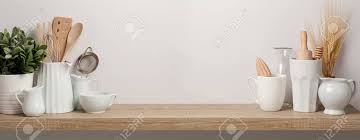 Maybe you would like to learn more about one of these? Kitchen Utensils And Dishware On Wooden Shelf Kitchen Interior Background Website Banner Design Stock Photo Picture And Royalty Free Image Image 83869227