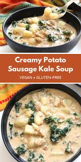 Creamy Potato Sausage Kale Soup Vegan Gf The Vegan Harvest Recipe Sausage And Kale Soup Vegan Soup Recipes Vegan Potato Soup