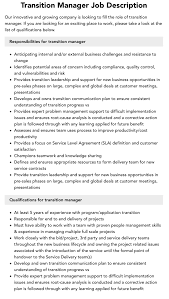 Transition Manager Job Description | Velvet Jobs