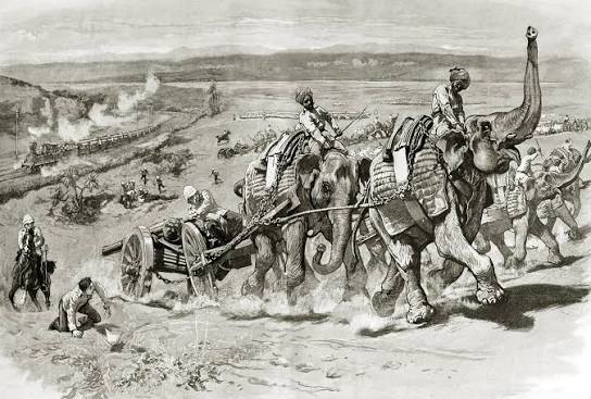 Elephants flee with guns during 1892 India military maneuver