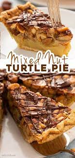 This Easy Turtle Pie Recipe Has A Soft Custard Center Filled With Crunchy Nuts Throughout And Drizzled Turtle Pie Thanksgiving Food Desserts Easy Pie Recipes