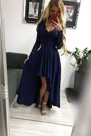 Long Black And Blue Prom Dress High Low Long Sleeves V Neck Prom Dress Burgundy A Line Graduation Dress With Lace N1689 In 2020 Prom Dresses Long With Sleeves Prom Dresses With Sleeves Blue Homecoming Dresses