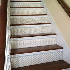 Stair Riser Alternative To Vinyl Decals And Stickers Stair Art Stair Ideas Staircase Ideas Grey Geometri Stair Decals Stair Risers Chevron Home Decor
