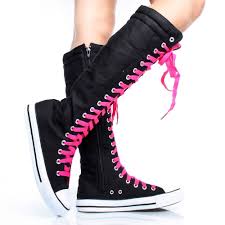 Black And Pink Knee High Converse Black Hot Pink Canvas Emo Color Laces Women Sneakers Knee High Boots Black Canvas Shoes Emo Shoes Black Knee Boots