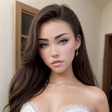 A woman with long brown hair wearing a white dress and earrings