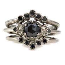 Gothic Black Diamond Moon Phase Engagement Ring Set Palladium White Gold Modern Victorian Wedd Gothic Engagement Ring Black Gold Jewelry Gothic Wedding Rings