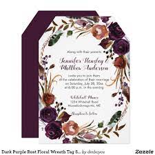 Dark Purple Rust Floral Wreath Tag Shape Wedding Invitation Zazzle Com Wedding Invitations Dark Purple Wedding Theme Custom Wedding Confetti