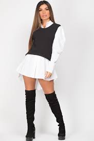 Womens Black And White Shirt Jumper Dress Styledup Co Uk Prettygarden women's elegant long sleeve short dress crewneck tie waist knit cocktail dress. gbp