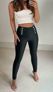 Double Gold Button Faux Leather Leggings Omgfashion Com