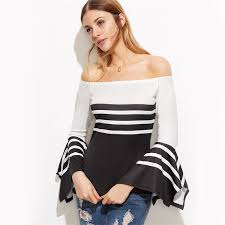 Black And White Striped Long Sleeve Shirt Womens Long Flare Sleeve Shirt Women Black White Striped Off The Shoulder Bell Sleeve Blouse Bell Sleeves Bell Sleeve Top Flared Sleeves