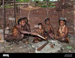 INDONESIA, ONNI VILLAGE, NEW GUINEA - JUNE 24: Korowai tribe Family sitting  by the fire in a traditional house. Tribe of Korowai (Kombai Stock Photo -  Alamy
