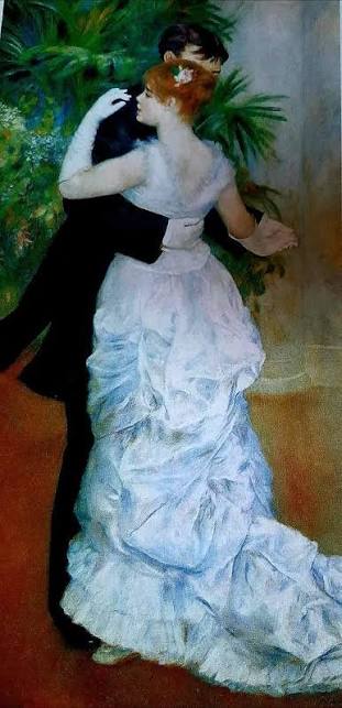Danse à la Ville — Pierre Auguste Renoir, 1883⁠ ⁠ In City Dance, Renoir  paints a fashionable Parisienne waltzing with her dance partner in a winter  ball. Her dress is reflective of