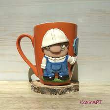 Builderbuildingcartoonorangemug With Decorpolymer Etsy Mugs Clay Mugs Polymer Clay Christmas