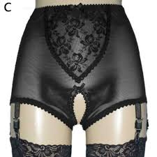 Womens High Waist Crotchless Garter Panty Mesh Lace Lingerie 6 Straps Suspender