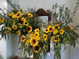 Our First Arrangement This Year Using The Summer S Seasonal Blooms Sunflowers Olive Branches Millet Diy Wedding Flowers Italian Flowers Olive Branch Wedding