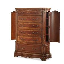 The traditional cortina formal sleigh bedroom collection features an intricately designed headboard and footboard with soft curved rails. Aico Michael Amini Cortina 6 Drawer Chest In Honey Walnut Finish