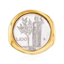 Gold plated 925 sterling silver genuine 200 lira lire coin choker necklace italy. Italian Andiamo 14kt Yellow Gold Over Resin 100 Lira Coin Ring Ross Simons
