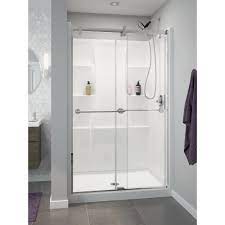 The enclosure features clear glass door and panels with stainless fi. Delta Classic 400 48 In W X 74 In H Three Piece Direct To Stud Alcove Shower Wall Surround In High Gloss White 40084 The Home Depot
