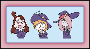 Patreon Only Little Witch Academia Cross Stitch Pattern Akko Lotte And Sucy Geeky Cross Stitch Patterns Cross Stitch Patterns Geeky Cross Stitch