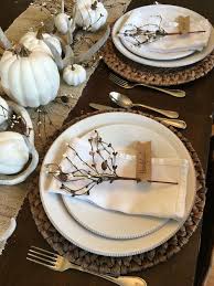 Thankful Grateful Blessed Table Setting Neutral Tablescape Pottery Barn Jute Runner White Pumpkins Thanksgiving Table Thanksgiving Traditions White Pumpkins