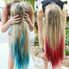 Don't try to do it yourself. Dip Dyed Blonde Hair Color With Long Red Green Highlights At The Bottom Looks Awesome Check It Out Now For Yourself Now Dip Dye Hair Dipped Hair Hair Styles
