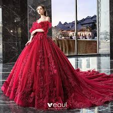 Tolle designs kurze & lange brautkleider ratenkauf möglich & kauf auf rechnung! Edles Rot Ruschen Brautkleider Hochzeitskleider 2019 Ballkleid Spaghettitrager Spitze Blumen Kurze Armel Ruckenfreies Kathedrale Schleppe