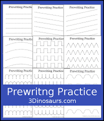 A line divided into 2 (tall, short letters) with space between each new line of writing; Easy No Prep Prewriting Practice Printables Free 3 Dinosaurs