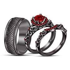 14k Black Gold Gp 1 10ct Red Garnet His Her Disney Engagement Ring Trio Ring Set Black Wedding Rings Black Gold Jewelry Black Gold Ring