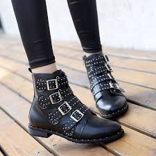 Black Ankle Boots No Heel Leather Btrada Womens Stylish Round Toe Studded Rivets Belt Elastic Low Heel Ankle Boots Black Boots Click On The Image Studded Ankle Boots Black Ankle Boots Boots