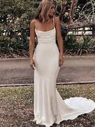 As the name suggests, a sheath silhouette is narrow in shape and hugs the body's curves. Sheath Column Ruched Spaghetti Straps Charmeuse Sweep Brush Train Sleeveless Wedding Dresses Joybetty Online