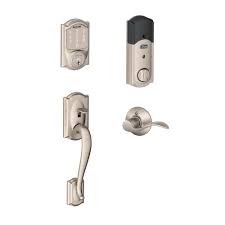 Schlage Camelot Satin Nickel Sense Smart Door Lock With Right Handed Accent Lever Door Handleset Be479aa V Cam 619 Fe285 Cam 619 Acc Rh The Home Depot In 2020 Smart