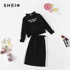 Us 19 99 40 Off Shein Girls Black Letter Print Casual Top And Skirt Two Piece Set Kids Clothing 2019 Spring Long Sleeve Children Clothes Set In