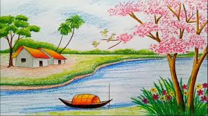 How to draw a landscape. How To Draw Landscape Scenery Of Spring Season With Oil Pastels Color Step By Step Youtube