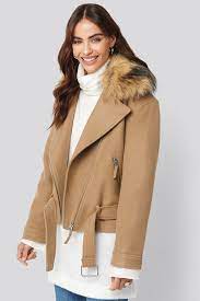 The camel coat fur collar. Faux Fur Collar Biker Jacket Beige Na Kd Com