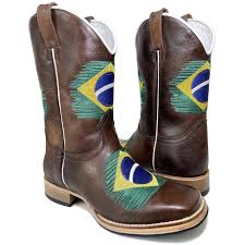 Bota Texana Touro Sentado Bandeira Brasil Sola De Couro Bico Quadrado
