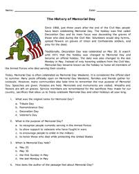 Reading Passage The History Of Memorial Day History Of Memorial Day Memorial Day Activities Reading Comprehension Worksheets