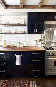 Subway Tile Dark Cabinets Wood Floating Shelves Butcher Block Countertops Kitchen Kitchen Inspirations Kitchen Design
