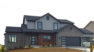 Black And Grey Houses Gray Brick House With Black Trim Mastic Deep Granite Grey Siding Black Trim Cedar Siding Grey Brick Houses Brick Exterior House Gray House Exterior